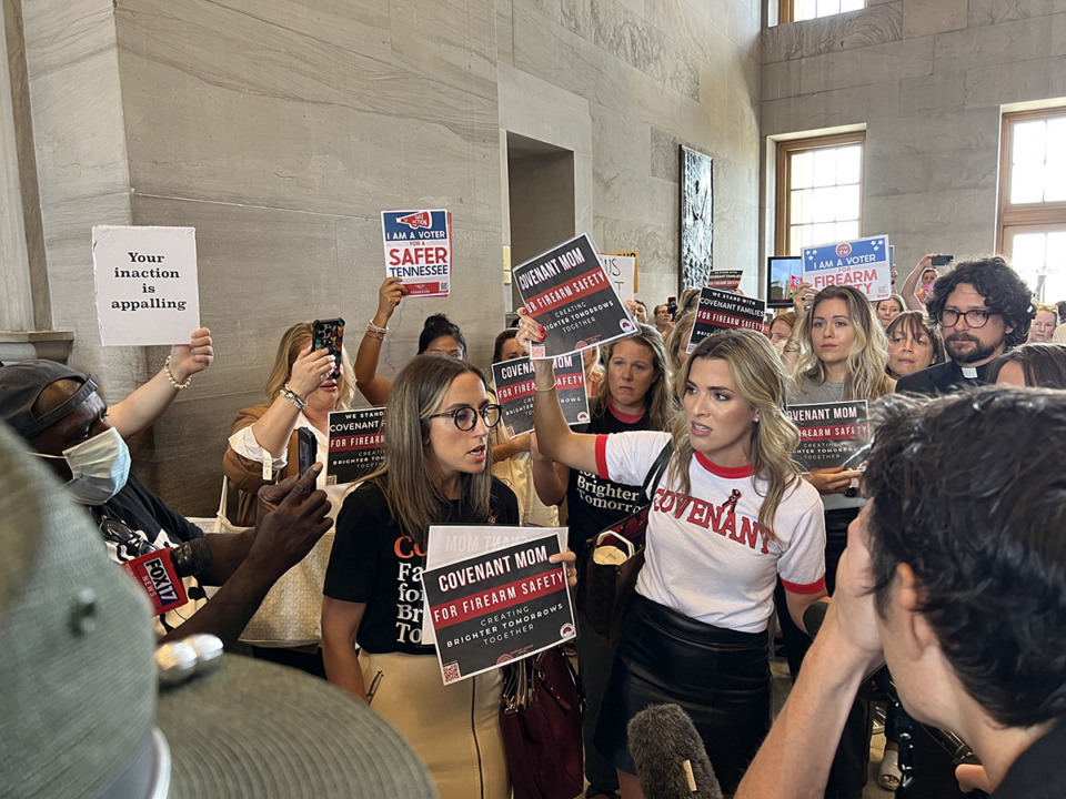 <strong>Sarah Shoop Neumann (left, in black shirt) and Mary Joyce (right, in white shirt) lamented that gun reform was absent from the August 2023 special session.</strong> (Ian Round/The Daily Memphian file)