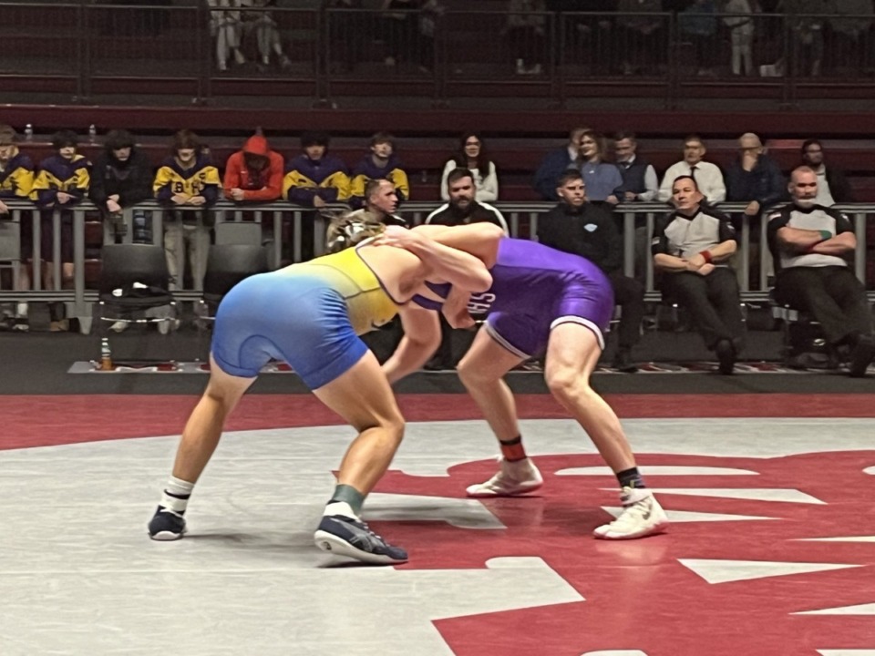 <strong>Drake Bowers of CBHS (purple) defeats Kaiden Bates of Chattanooga Boyd-Buchanan 10-3 to win the Division 2 state wrestling title on Saturday, Feb. 17, 2024 in Nashville. It&rsquo;s the second in a row for the senior, who won at 170 in 2023.</strong> (John Varlas/The Daily Memphian)