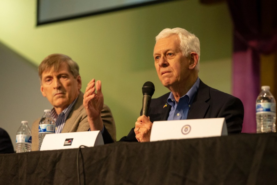 <strong>Bill Gibbons (right) speaks at panel discussion about the state of crime in Memphis at First Baptist Church on Broad on Thursday, March 30, 2023. </strong>(The Daily Memphian file)