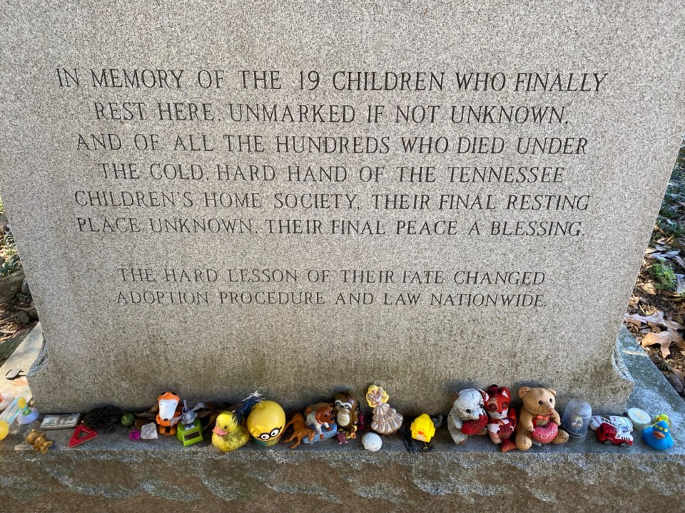 <strong>A marker at Elmwood Cemetery to 19 children from the Tennessee Children&rsquo;s Home Society buried in unmarked graves shows signs of recent activity and the ongoing impact of the black market adoption scandal.</strong> (Bill Dries/The Daily Memphian)