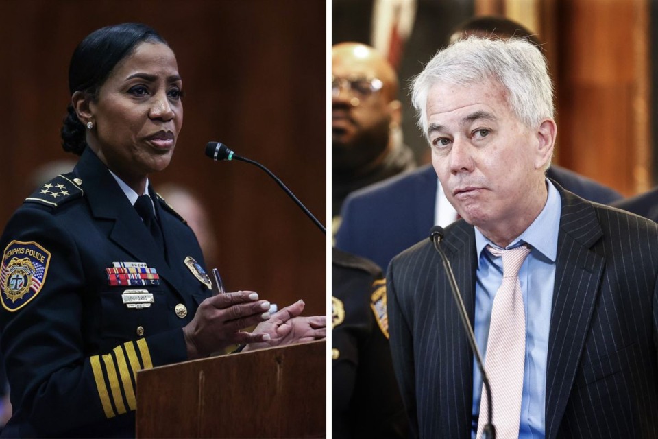 <p class="p1"><strong>Left:&nbsp;Memphis Police Department&rsquo;s Interim Chief Cerelyn &ldquo;C.J.&rdquo; Davis&nbsp;makes her case for reinstatement to the Memphis City Council Jan. 9, 2024.</strong>&nbsp;&nbsp;<strong>Right: Shelby County District Attorney Steve Mulroy discusses the City&rsquo;s approach to crime prevention during press conference on Thursday, Jan. 4, 2024 at City Hall.</strong> (Patrick Lantrip,Mark Weber/The Daily Memphian)