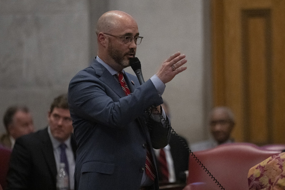 <strong>Rep. Johnny Garrett, R-Goodlettsville, delivers remarks on the floor of the Tennessee House of Representatives chamber during expulsion proceedings of three Democratic lawmakers April 6, 2023, in Nashville.</strong> (George Walker IV/AP file)