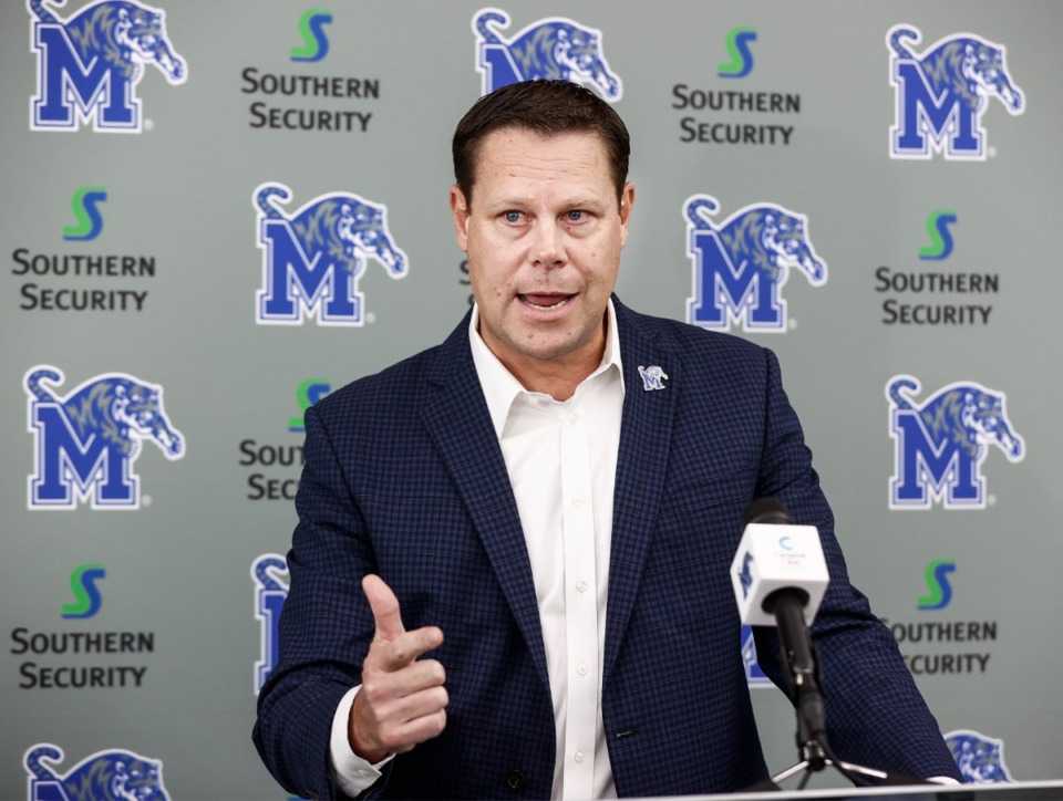 <strong>University of Memphis athletic director Laird Veatch speaks during a press conference on Monday, Aug. 28, 2023.&nbsp;Veatch has been prominently mentioned in multiple media reports as a candidate for the vacant AD position at SEC member Missouri.</strong> (Mark Weber/The Daily Memphian file)