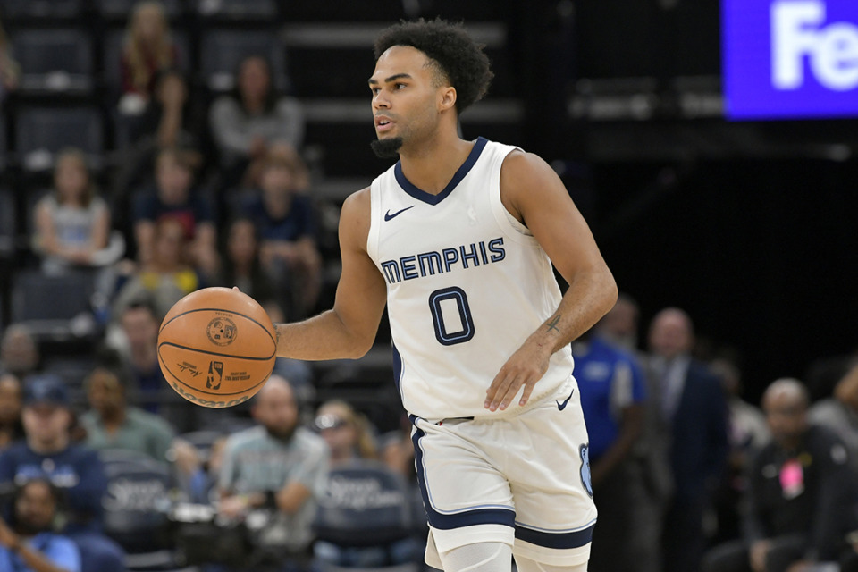 <strong>Memphis Grizzlies guard Jacob Gilyard (0) handles the ball in the second half of an NBA preseason basketball game against the Indiana Pacers Oct. 8, 2023, in Memphis.</strong> (Brandon Dill/AP file)
