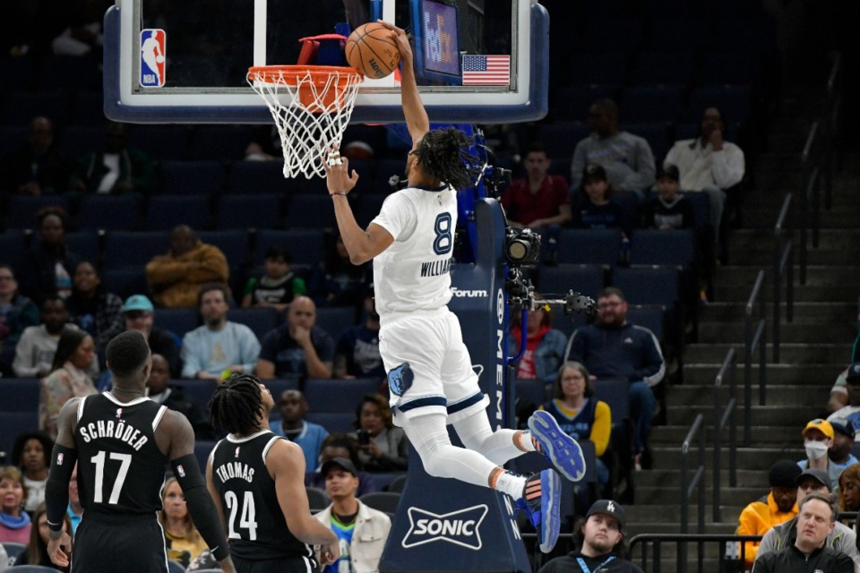 <strong>Memphis Grizzlies forward Ziaire Williams (8) scores against the Brooklyn Nets on Monday, Feb. 26, 2024.</strong> (Brandon Dill/AP)