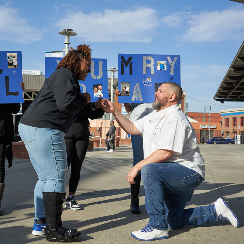 <strong>Josh Ashpole proposed to his fiancee Raechelle Pettigrew during the Memphis Tigers game at FedExForum Sunday, Feb. 25. The couple are Memphis natives and die-hard Tiger fans.</strong> (Courtesy Ranulfo "Rango" Gonzalez)