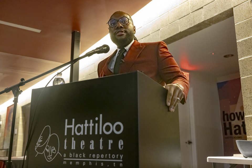 <strong>Julius B. Fleming Jr. receives the 2022 Hooks Institute National Book Award on behalf of for his book &ldquo;Black Patience: Civil Rights, and the Unfinished Project for Emancipation&rdquo; at Hattiloo Theatre in Midtown on Tuesday, Feb. 27, 2024.</strong> (Ziggy Mack/Special to The Daily Memphian)