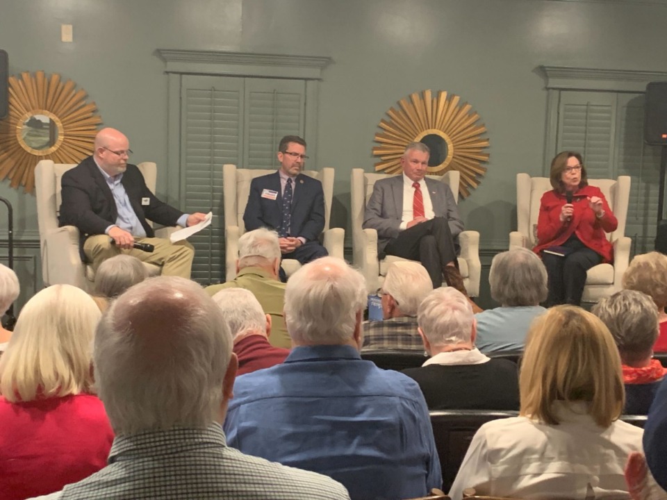 <strong>Attending the candidate forum at the DeSoto Golf and Racquet Club Feb. 27, 2024, were state Rep. Dan Eubanks (third from right), Ghannon Burton (second from right) and Sen. Roger Wicker&rsquo;s wife Gayle (right).</strong> (Rob Moore/The Daily Memphian)