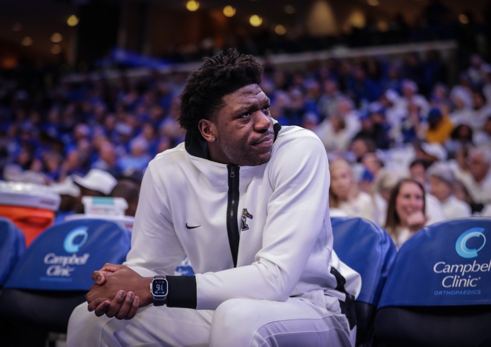 <strong>University of Memphis center Malcolm Dandridge sits on the sidelines of a Feb. 25, 2024 game against FAU.</strong> (Patrick Lantrip/The Daily Memphian)