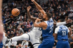 <strong>Memphis Grizzlies forward Jaren Jackson Jr., left, collides with Minnesota Timberwolves center Rudy Gobert on Wednesday, Feb 28, 2024, in Minneapolis.</strong> (Craig Lassig/AP)