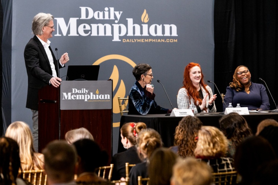 <strong>(Right) Carol Coletta, Chloe Sexton and Pat Mitchell Worley&nbsp;during the question answer section of The Daily Memphian Women and Business seminar at the Memphis Botanic Garden.</strong> (Brad Vest/Special to The Daily Memphian)