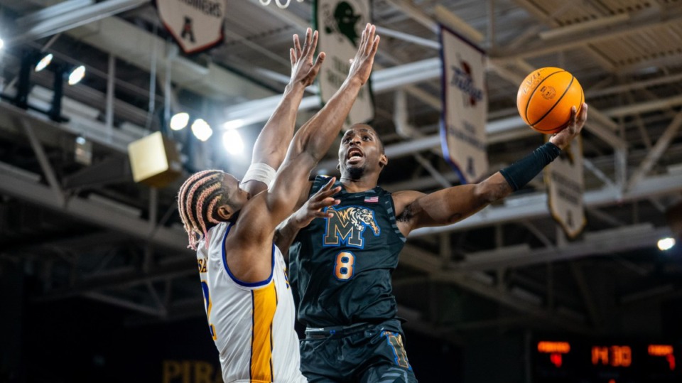 <strong>Memphis Tigers forward David Jones goes up for a shot against East Carolina on Thursday, Feb. 29, 2024.</strong> <strong>The Tigers won their third consecutive game.</strong> <strong>Jones finished with 18 points.</strong> (Courtesy University of Memphis Athletics)