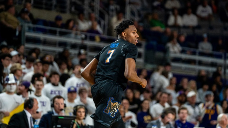 <strong>Memphis Tigers forward Nae&rsquo;Qwan Tomlin runs down the court in the game against East Carolina University on Thursday, Feb. 29, 2024.</strong> (Courtesy University of Memphis Athletics)