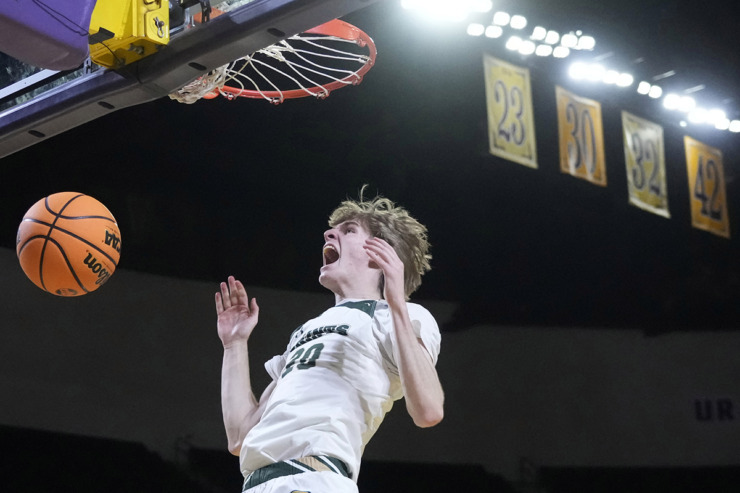 <strong>Briarcrest Christian forward Jackson Grisham dunks the ball against Brentwood Academy during the first half of the Division II-AA championship basketball game Saturday, March 2, 2024, in Cookeville, Tenn.</strong> (Mark Humphrey/Special to The Daily Memphian)