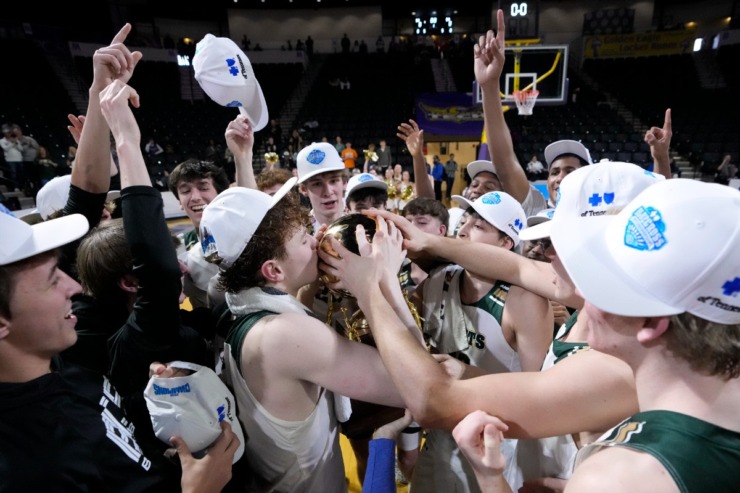 <strong>Briarcrest Christian players celebrate after defeating Brentwood Academy in the Division II-AA championship basketball game Saturday, March 2, 2024, in Cookeville, Tenn.</strong> (Mark Humphrey/Special to The Daily Memphian)
