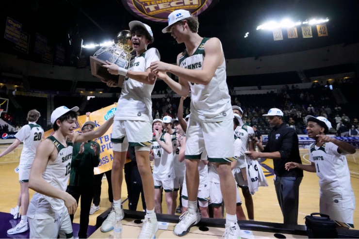 <strong>Briarcrest Christian players celebrate after defeating Brentwood Academy in the Division II-AA championship basketball game Saturday, March 2, 2024, in Cookeville, Tenn.</strong> (Mark Humphrey/Special to The Daily Memphian)