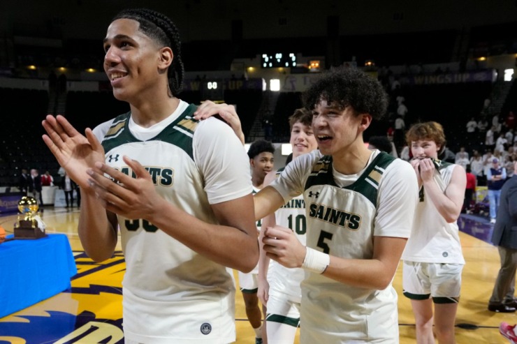 <strong>Briarcrest Christian forward Fred Smith, left, and guard Landon Rogers (5) celebrate after defeating Brentwood Academy in the Division II-AA championship basketball game Saturday, March 2, 2024, in Cookeville, Tenn.</strong> (Mark Humphrey/Special to The Daily Memphian)