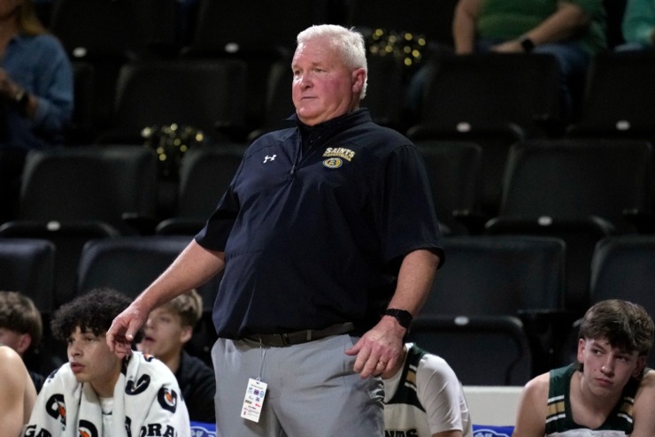 <strong>Briarcrest Christian head coach John Harrington watches during the second half of the Division II-AA championship basketball game against Brentwood Academy Saturday, March 2, 2024, in Cookeville, Tenn.</strong> (Mark Humphrey/Special to The Daily Memphian)