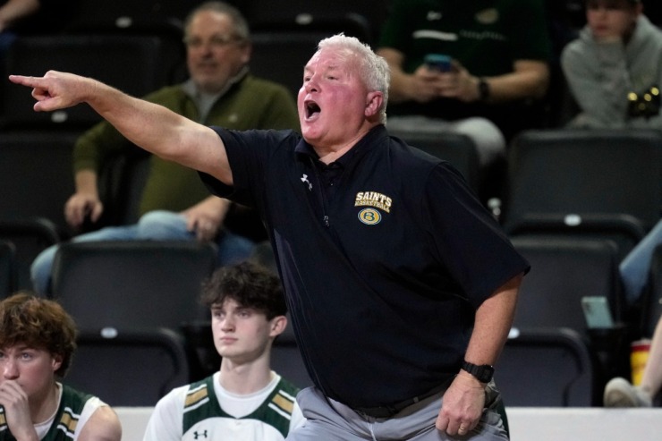 <strong>Briarcrest Christian head coach John Harrington directs his team during the second half of the Division II-AA championship basketball game against Brentwood Academy Saturday, March 2, 2024, in Cookeville, Tenn.</strong> (Mark Humphrey/Special to The Daily Memphian)