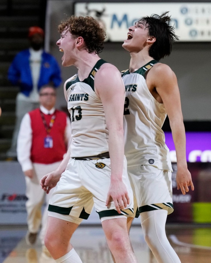 <strong>Briarcrest Christian&rsquo;s Cooper Haynes (13) and Connor Mancell, right, celebrate as the buzzer sounds and they defeat Brentwood Academy in he Division II-AA championship basketball game Saturday, March 2, 2024, in Cookeville, Tenn.</strong> (Mark Humphrey/Special to The Daily Memphian)