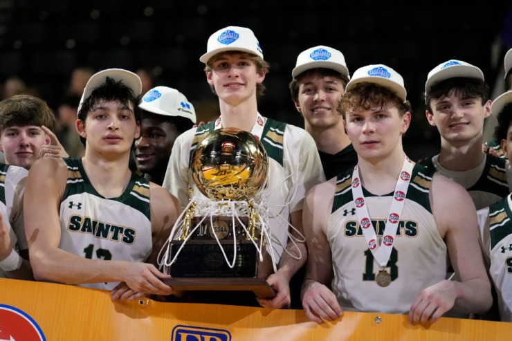 <strong>Briarcrest Christian players pose with their trophy after defeating Brentwood Academy in the Division II-AA championship basketball game Saturday, March 2, 2024, in Cookeville, Tenn.</strong> (Mark Humphrey/Special to The Daily Memphian)