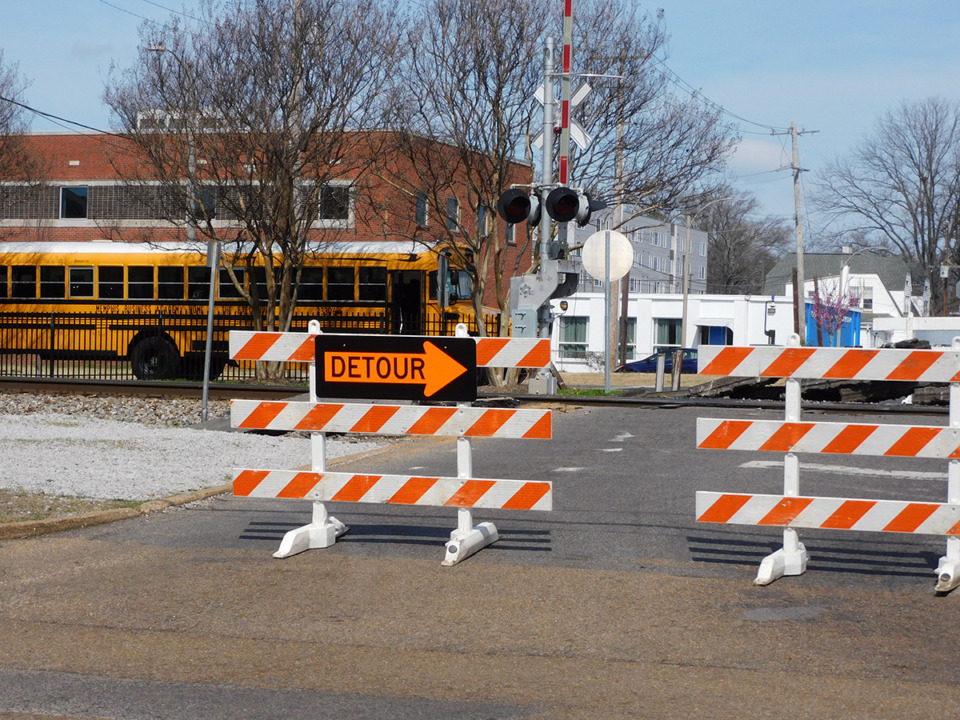 <strong>The railroad crossing was closed on Southern Avenue at Patterson Street Monday, March 4.</strong> (Christopher Wright/The Daily Memphian)