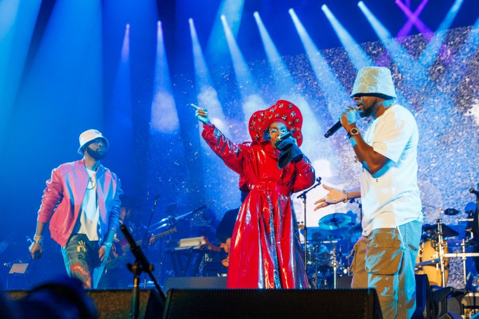 <strong>Pras Michel, from left, Lauryn Hill and Wyclef Jean of the Fugees perform during "The Miseducation of Lauryn Hill" 25th anniversary tour on Sunday, Nov. 5, 2023, at the Kia Forum in Inglewood, Calif.</strong> (Willy Sanjuan/Invision/AP)