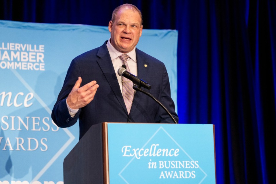 <strong>Glenn &ldquo;Kane&rdquo; Jacobs, the mayor of Knox County, speaks during the Collierville Chamber's Excellence in Business Awards dinner at the Hilton March 5.</strong> (Brad Vest/Special to The Daily Memphian)