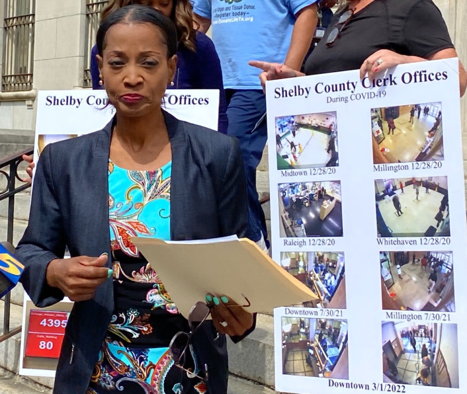 <strong>Shelby County Clerk Wanda Halbert holds a press conference in September 2022. She canceled a meeting with the Shelby County Commission for Wednesday.</strong> (Bill Dries/The Daily Memphian file)