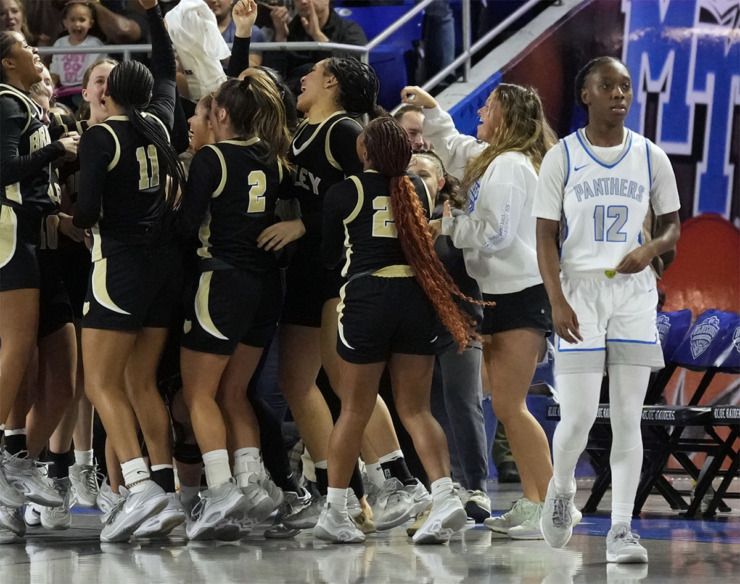 <strong>Bartlett's Akya Woods (12) leaves the court as Bradley Central players celebrate after the Class 4A championship basketball game March 9 in Murfreesboro, Tenn.</strong> (Mark Humphrey/Special to The Daily Memphian)