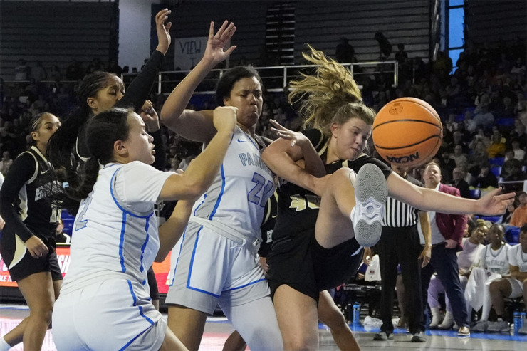 <strong>Bartlett's Morgan Williams (2) and Dacarra Ward (21) battle for the ball with Bradley Central's Addie Geren, right, during the second half of the Class 4A championship basketball game March 9 in Murfreesboro, Tenn.</strong> (Mark Humphrey/Special to The Daily Memphian)