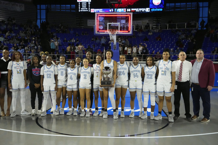 <strong>Bartlett players and coaches pose with their trophy after losing to Bradley Central in the Class 4A championship basketball game March 9 in Murfreesboro, Tenn.</strong> (Mark Humphrey/Special to The Daily Memphian)