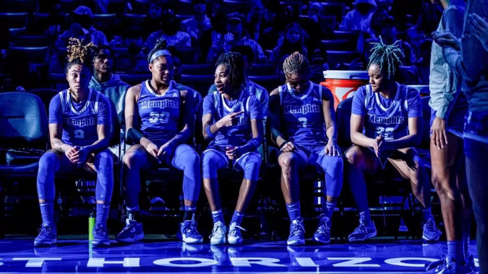<strong>Memphis women&rsquo;s basketball team members (from left) Madison Griggs, Alasia Smith,&nbsp;Ki&rsquo;Ari Cain, Shelbee Brown and Layken Cox in a file photo from earlier this season. On Sunday the team was knocked out of the American Athletic Conference Tournament in a close game in Fort Worth, Texas.</strong> (Courtesy Memphis Athletics)