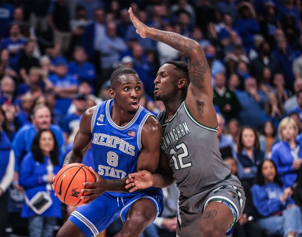 <strong>University of Memphis forward David Jones (8) posts up during the second half of a March 3, 2024 game.</strong> (Patrick Lantrip/The Daily Memphian)
