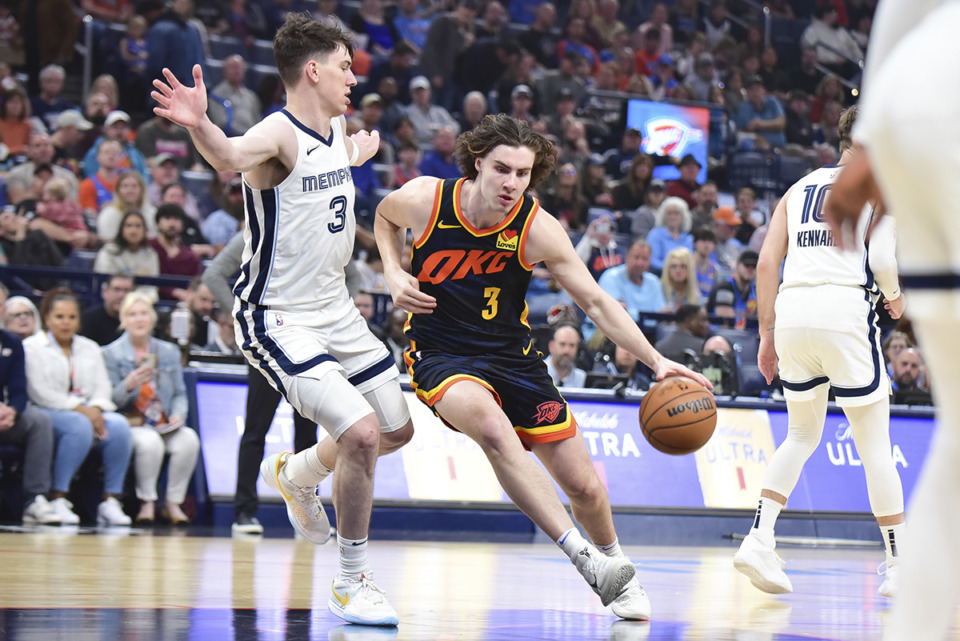 <strong>Oklahoma City Thunder guard Josh Giddey, right, drives past Memphis Grizzlies forward Jake LaRavia, left, in an NBA basketball game, Sunday, March. 10, 2024, in Oklahoma City.</strong> (Kyle Phillips/AP Photo)