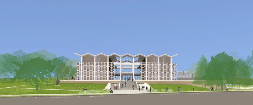 <strong>An artist&rsquo;s rendering of the renovated Rust Hall shows that the mid-century design of the building, exemplified by its white, latticed walls, will stay in-tact.</strong>&nbsp;(Credit: LRK, WHY)