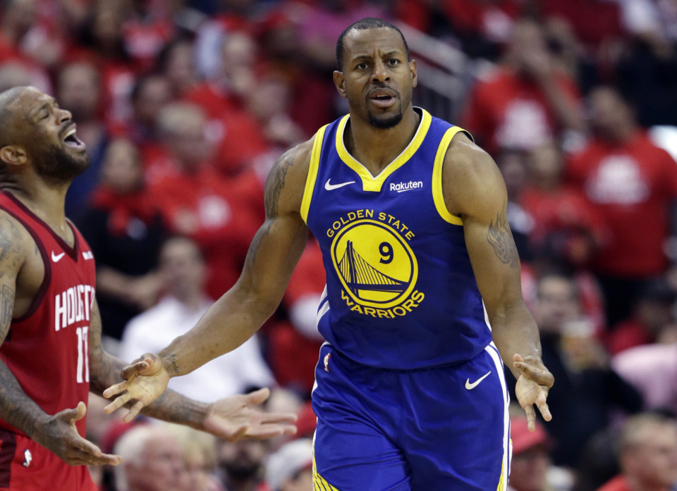 <span><strong>Golden State Warriors guard Andre Iguodala celebrates after a score against the Houston Rockets in Game 6 of a second-round NBA basketball playoff series Friday, May 10, 2in Houston. Golden State won 118-113, winning the series.</strong> (Eric Gay/Associated Press file)</span>
