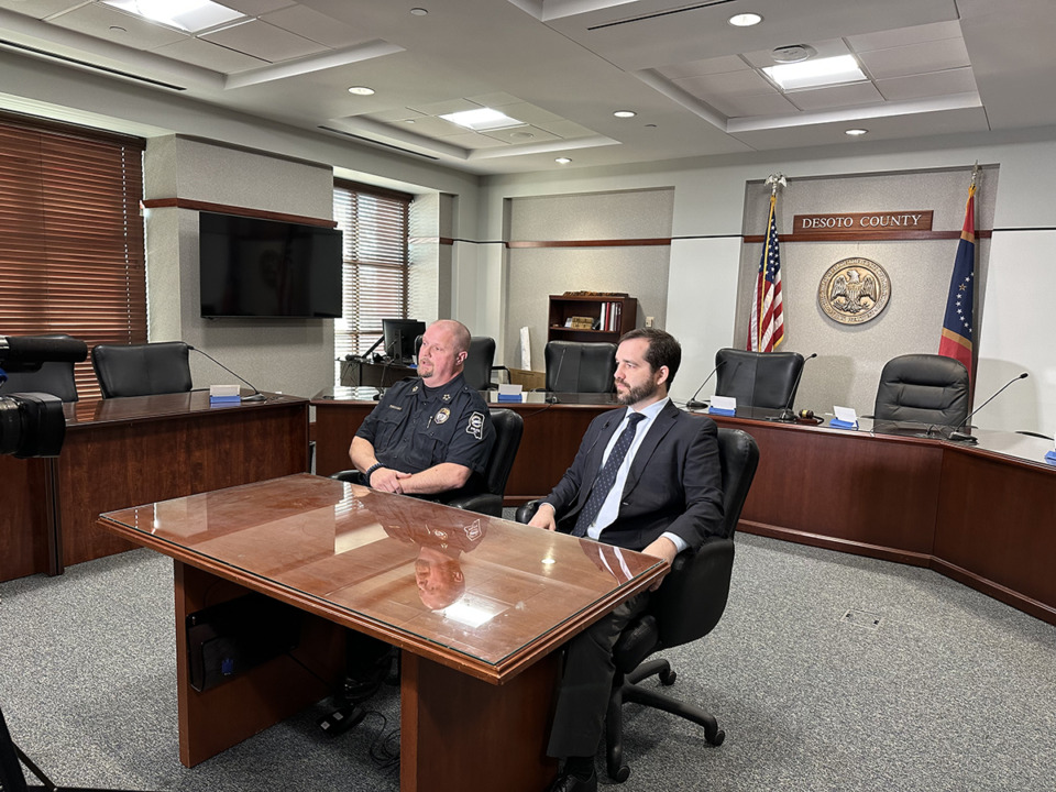 <strong>Olive Branch Chief of Police William Cox, left, and DeSoto County District Attorney Matthew Barton during a press conference Tuesday, March 12, following the arrest of Colby Alan Towles, who allegedly shot at officers conducting a traffic stop.</strong> (Courtesy DeSoto County District Attorney's Office)