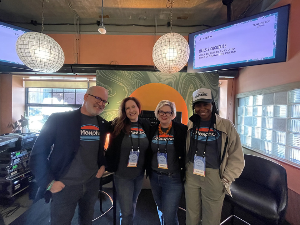 <strong>Greater Memphis Chambber President Ted Townsend poses with fellow GMC employees Gwyn Fischer, Amy Daniels and Diamond Young at 3-9(01) Day on March 9 at South by Southwest international conference.</strong> (Courtesy GMC)