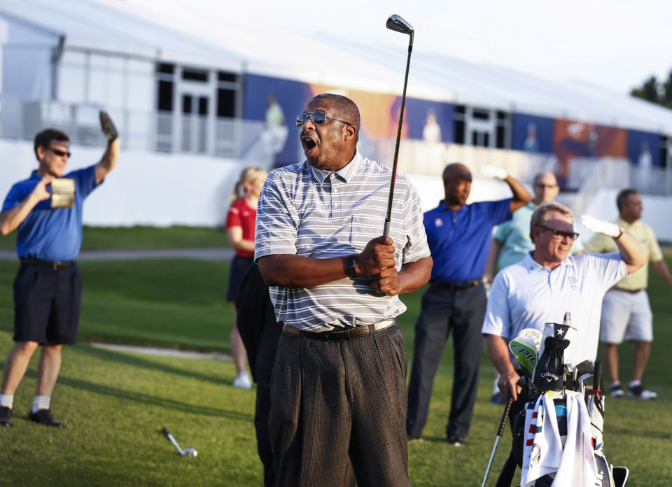 <strong>Former Memphis Tiger Ken Moody yells &ldquo;fore&rdquo; after shanking a charity shot during a World Golf Championships-FedEx St. Jude Invitational preview event Thursday, July 18, 2019, at TPC Southwind. Forty-seven of the top 50 golfers in the world have committed to play in next week's tournament.</strong>&nbsp;(Mark Weber/Daily Memphian)