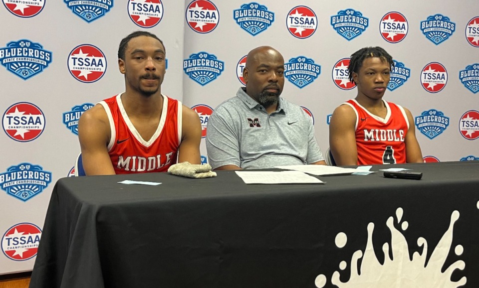 <strong>From left, senior Patrick Mask Jr., coach Patrick Mask and senior Cruz Arnold meet the media following Wednesday&rsquo;s 49-40 overtime loss to Gordonsville in the TSSAA BlueCross 1A state tournament.</strong> (John Varlas/The Daily Memphian)