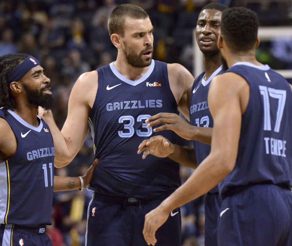 <strong>The Memphis Grizzlies announced on March 15, 2024, the full slate of events for Marc Gasol&rsquo;s (center) jersey retirement celebrations. His jersey ceremoney will be Saturday, April 6, at FedExForum.</strong> (AP Photo/Brandon Dill)