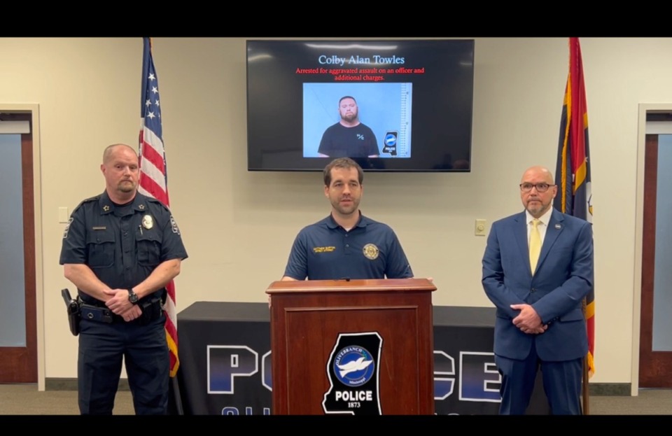 <strong>Olive Branch Chief of Police William Cox (left), DeSoto County District Attorney Matthew Barton (middle) and Olive Branch Mayor Ken Adams held a press conference about Colby Alan Towles on Friday, March 15, 2024.</strong> (screenshot)