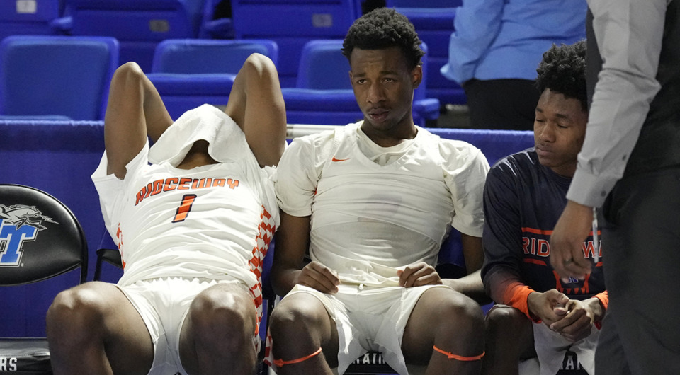 <strong>Ridgeway's Brian Carter (No. 1) sits on the bench after losing to Fulton in the Class 3A basketball championship game Saturday, March 16, in Murfreesboro, Tenn.</strong> (Mark Humphrey/Special to The Daily Memphian)