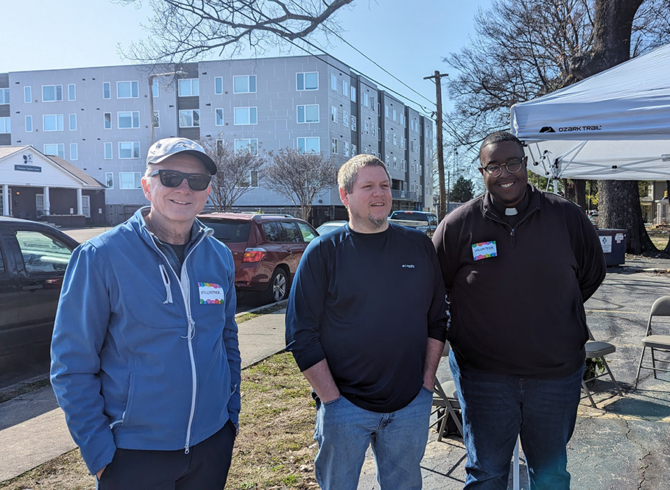 <strong>Jerry Heston, Evergreen member, left and Rev. James Gale, center, Executive Presbyter of Presbytery of the Mid-South with Rev. Joshua Henry Narcisse, right, at the Guns to Gardens drive at Presbyterian Place on the campus of the University of Memphis on Feb. 24, 2024.</strong> (Courtesy Evergreen Presbyterian Church)