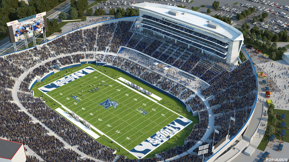 <strong>A rendering of the $220 million Simmons Bank Liberty Stadium renovation.&nbsp;Construction will be implemented in three phases, starting in May and ending sometime before the 2026 Tigers football season.&nbsp;</strong>(Courtesy Memphis Athletics)