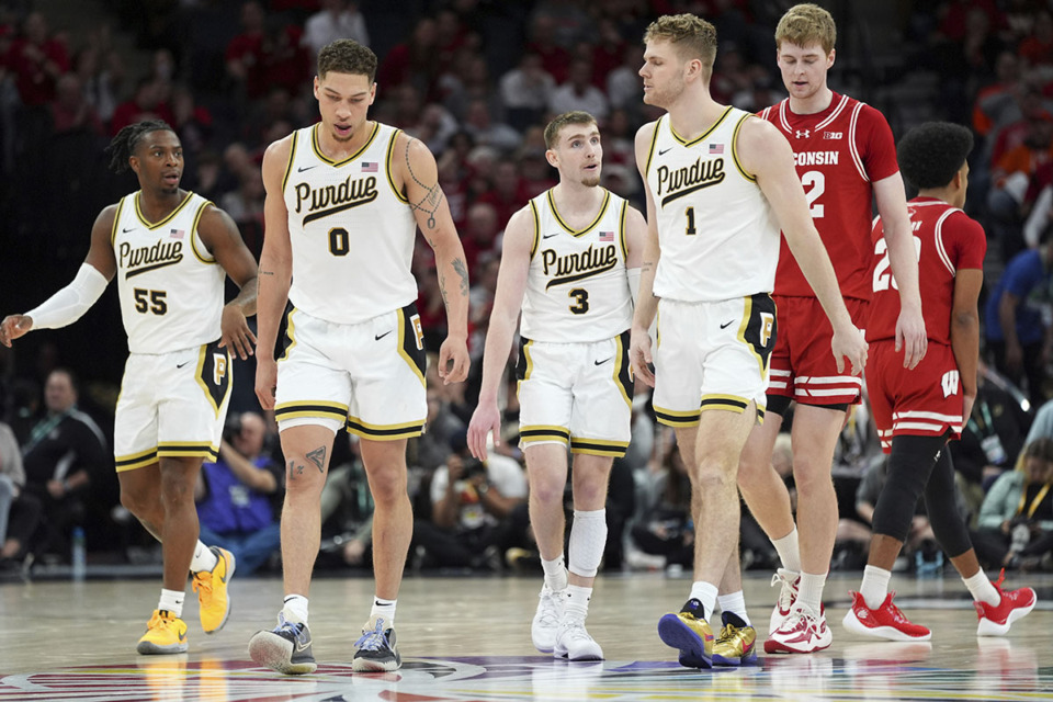 <strong>Purdue guard Braden Smith (3) talks with teammates after missing a shot during the second half of an NCAA college basketball game against Wisconsin in the semifinal round of the Big Ten Conference tournament, Saturday, March 16, in Minneapolis.</strong> (Abbie Parr/AP Photo)