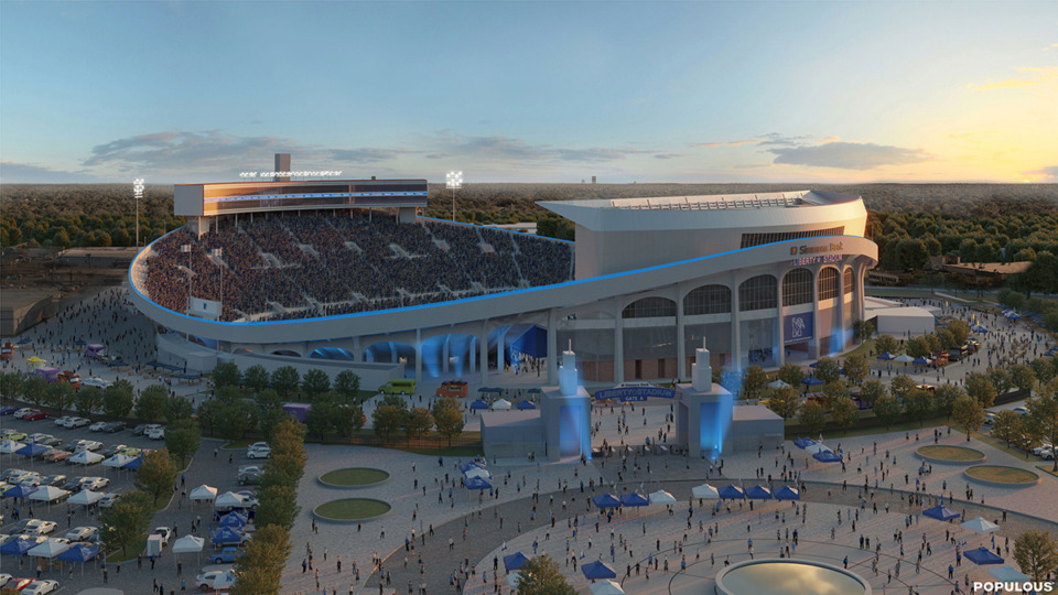 <strong>Rendering of the $220-million Simmons Bank Liberty Stadium renovation.&nbsp;Construction will be implemented in three phases, starting in May and ending sometime before the 2026 Tigers football season.</strong>&nbsp;(Courtesy Memphis Athletics)