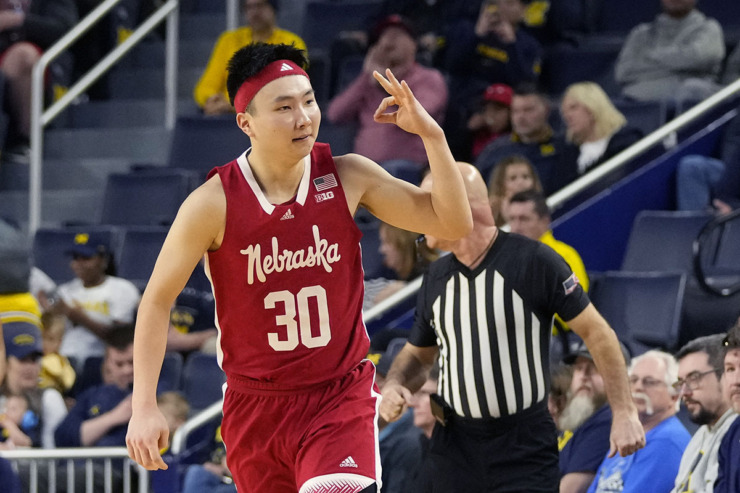 <strong>Nebraska guard Keisei Tominaga reacts after a 3-point basket during the second half of an NCAA college basketball game against Michigan March 10 in Ann Arbor, Mich.</strong> (Carlos Osorio/AP file)