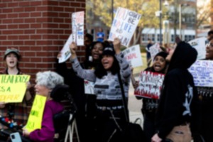 <strong>Protesters hold up signs before Kyle Rittenhouse speaks at the University of Memphis on March 20, reading&nbsp;&ldquo;Rittenhouse is a murderer,&rdquo;&nbsp;&ldquo;No killers on campus&rdquo; and&nbsp;&ldquo;You can&rsquo;t be pro-gun and pro-life.&rdquo;&nbsp;</strong>(Brad Vest/Special to The Daily Memphian)